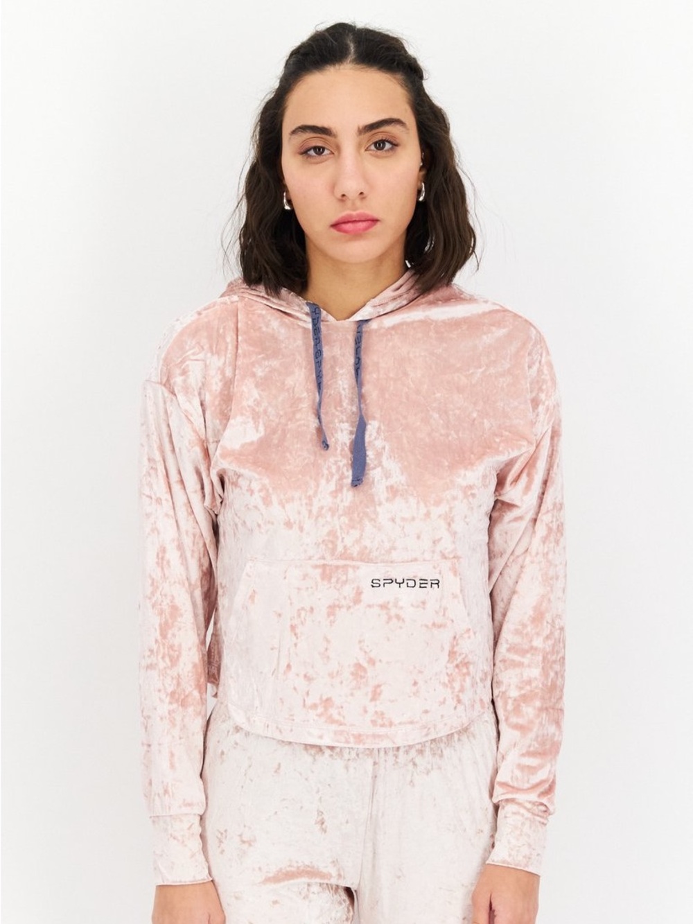 Spyder XL Pink Crushed Velvet Cropped Pullover Loungewear Casual Winter Hoodie